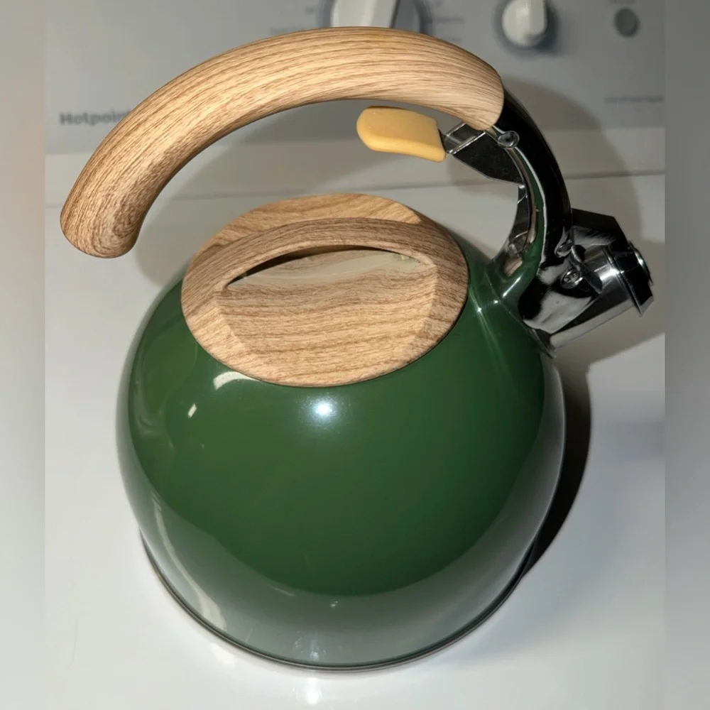 RAE DUNN christmas whistling tea kettle green wooden handle NEW - Picture 2 of 4